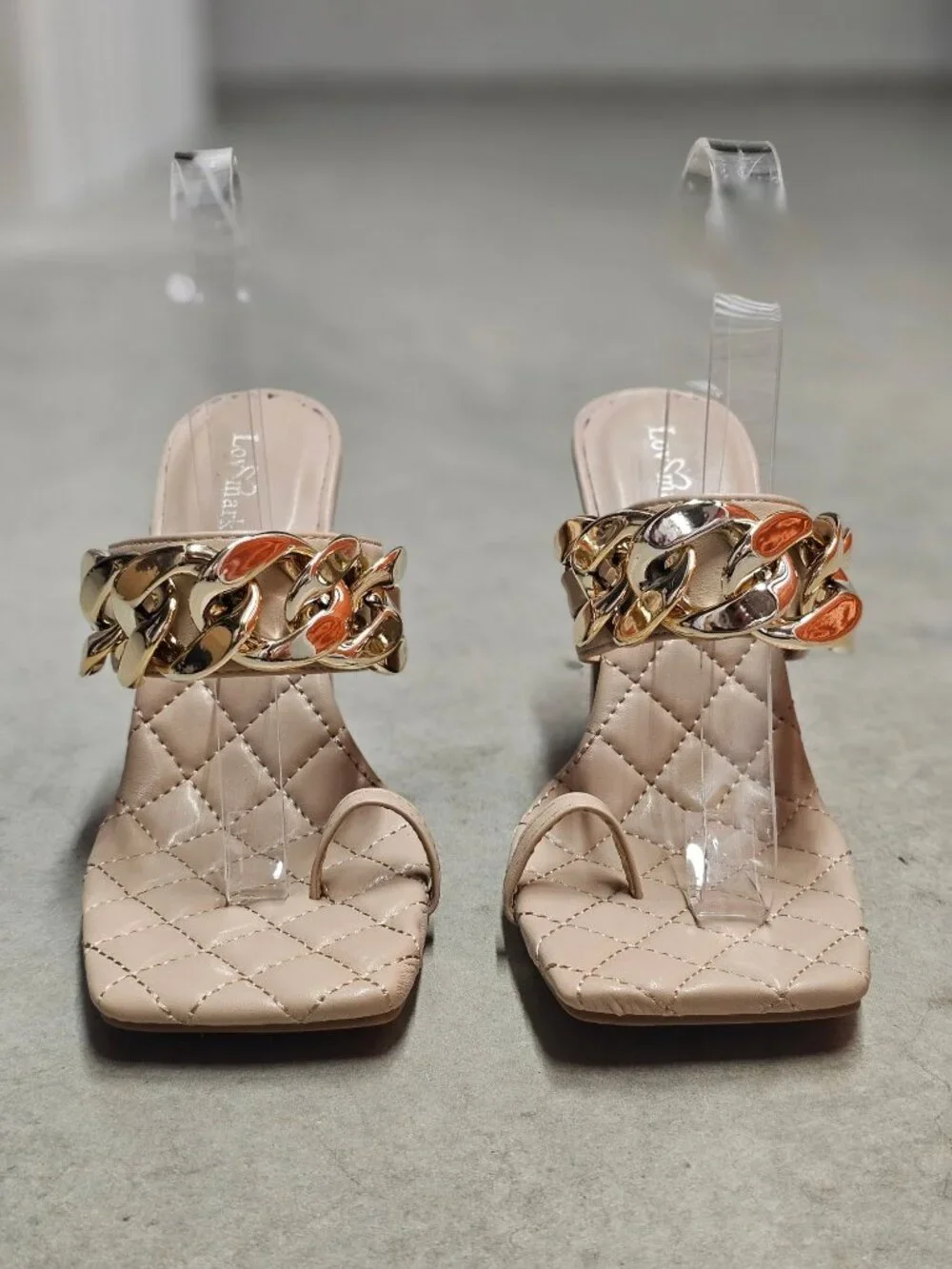Quilted Nude Heeled Sandals With Gold Chain Detail & Square Toe Design - Picture 8 of 10